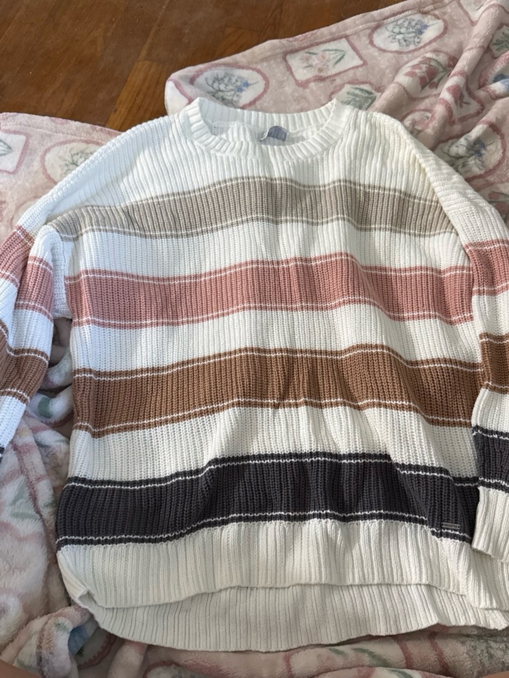 Hollister Crewneck Sweater with White, Pink, Brown & Gray Stripes